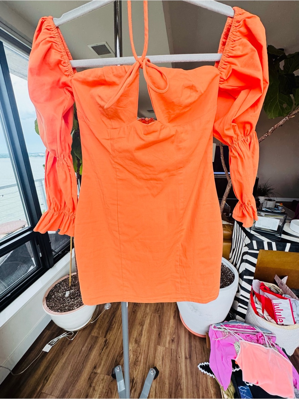 Orange Puff-Sleeve Tie-Front Mini Dress